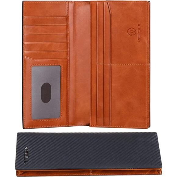 Mens Billfold Long Checkbook Wallet Leather with RFID Blocking, Large Bifold
